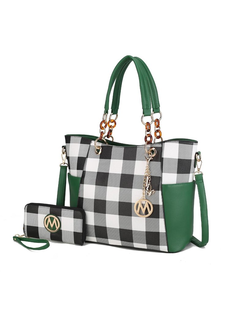 Bonita Checker Tote Bag Handbag & Wallet Set - Green