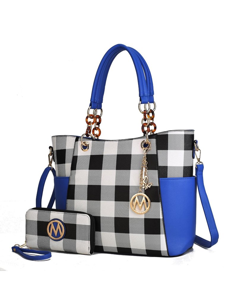 Bonita Checker Tote Bag Handbag & Wallet Set - Royal Blue