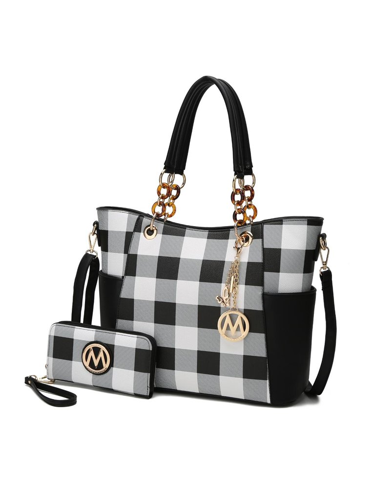 Bonita Checker Tote Bag Handbag & Wallet Set - Black