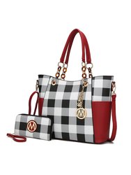 Bonita Checker Tote Bag Handbag & Wallet Set - Red