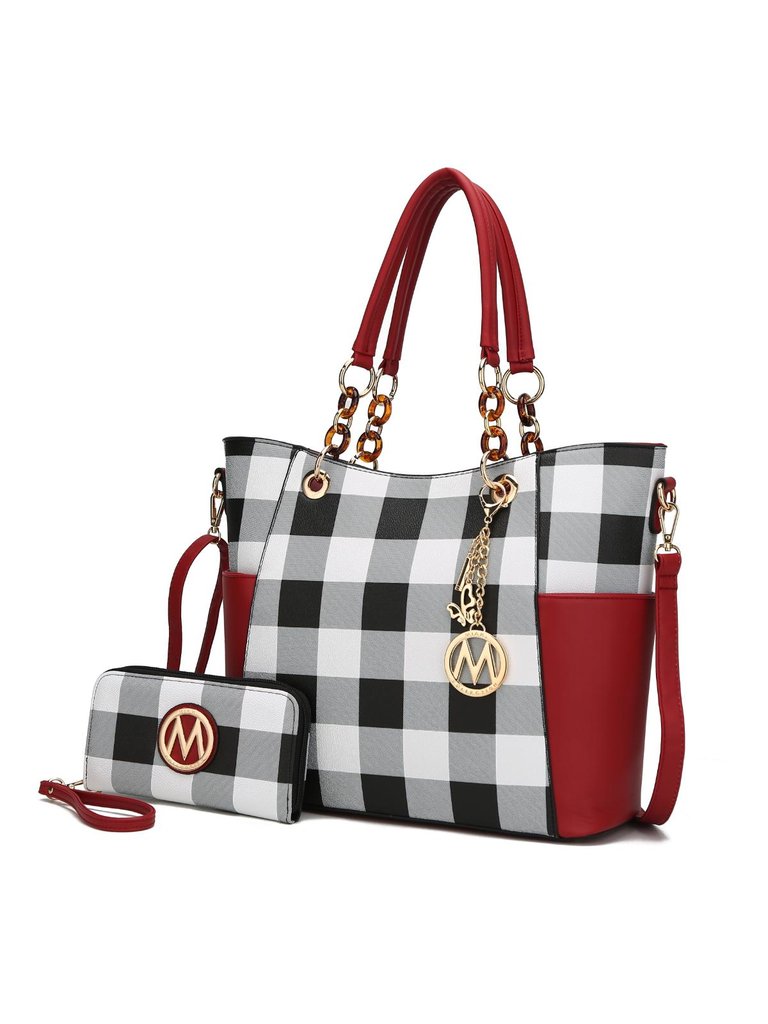 Bonita Checker Tote Bag Handbag & Wallet Set - Red