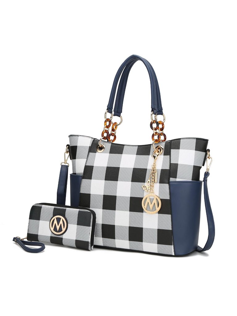 Bonita Checker Tote Bag Handbag & Wallet Set - Navy