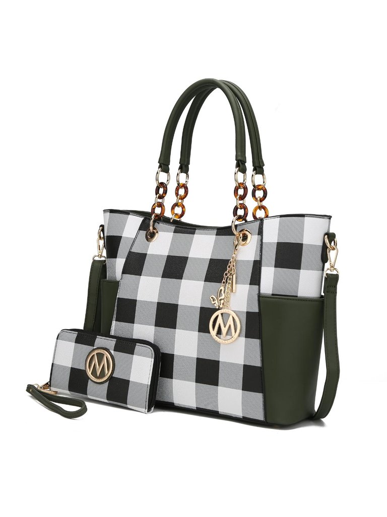 Bonita Checker Tote Bag Handbag & Wallet Set - Olive