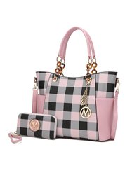 Bonita Checker Tote Bag Handbag & Wallet Set - Pink