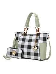 Bonita Checker Tote Bag Handbag & Wallet Set - Mint
