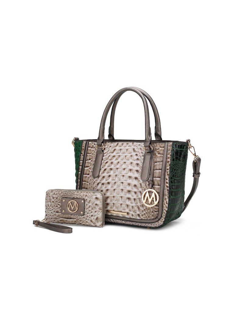 Bonnie Faux Crocodile-Embossed Vegan Leather Women’s Satchel With Wallet Bag - 2 pieces - Taupe