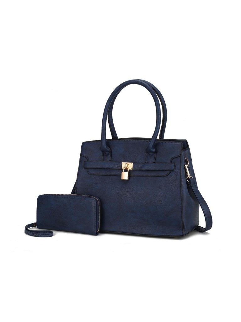 Bruna Satchel Bag With A Matching Wallet -2 Pieces Set - Navy