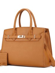 Calla Vegan Leather Women’s Satchel Bag With Credit Card Holder - 2 Pieces - Brown