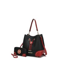 Candice Color Block Bucket Bag With Matching Wallet - Black-Wine