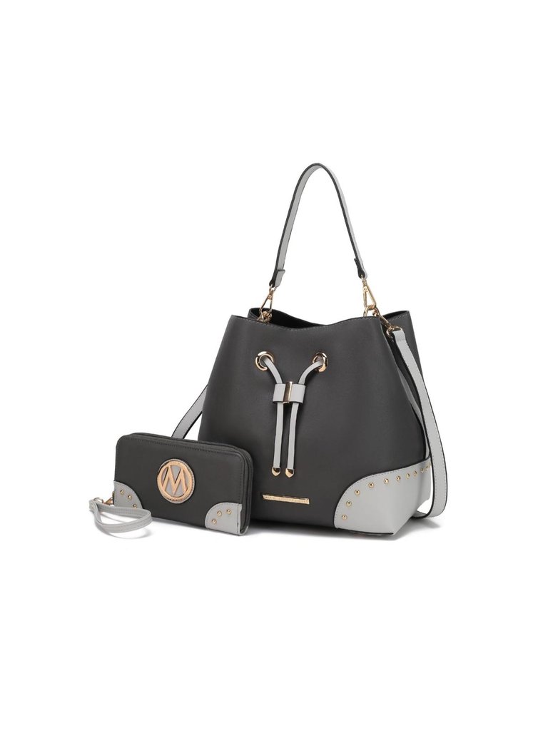 Candice Color Block Bucket Bag With Matching Wallet - Charcoal-Light Grey