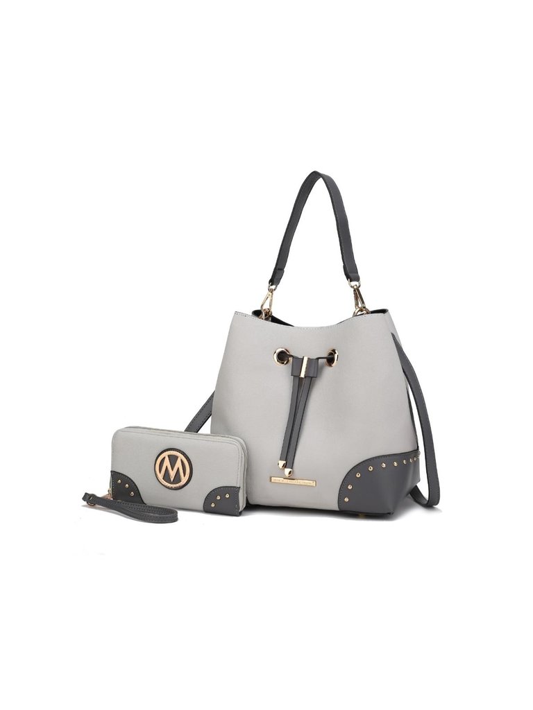 Candice Color Block Bucket Bag With Matching Wallet - Light Gray-Charcoal
