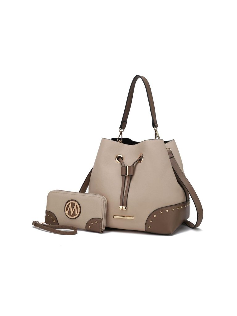 Candice Color Block Bucket Bag With Matching Wallet - Beige-Taupe