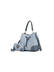 Candice Color Block Bucket Bag With Matching Wallet - Light Blue-Denim