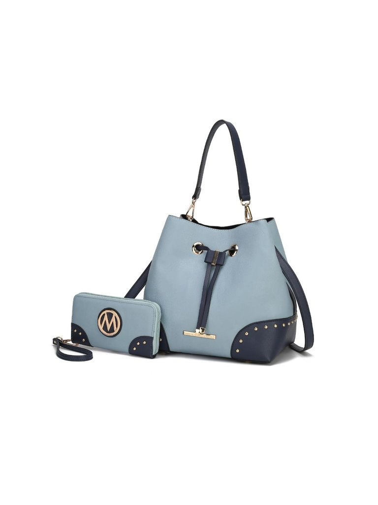 Candice Color Block Bucket Bag With Matching Wallet - Denim-Navy