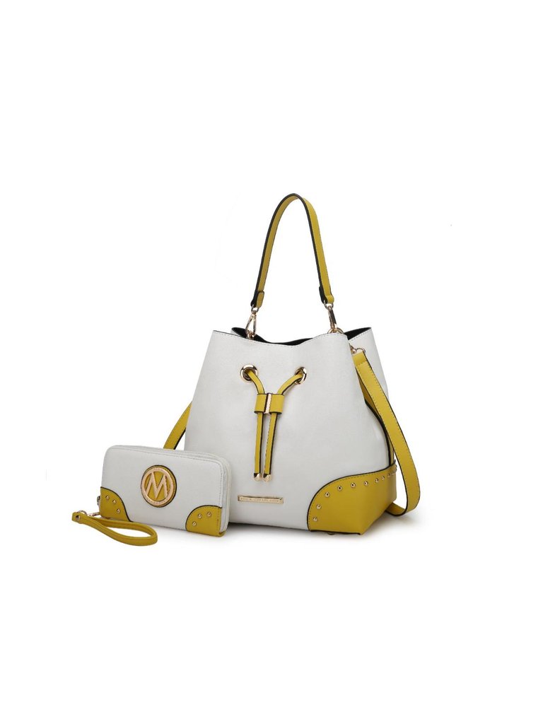 Candice Color Block Bucket Bag With Matching Wallet - White-Yellow