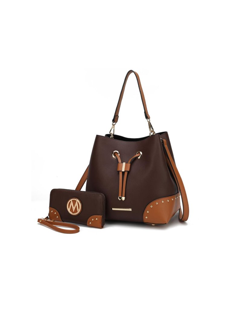 Candice Color Block Bucket Bag With Matching Wallet - Coffee-Cognac