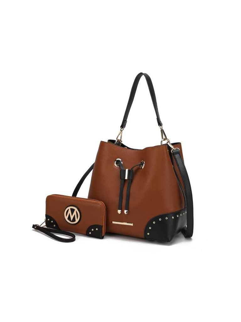 Candice Color Block Bucket Bag With Matching Wallet - Cognac-Black