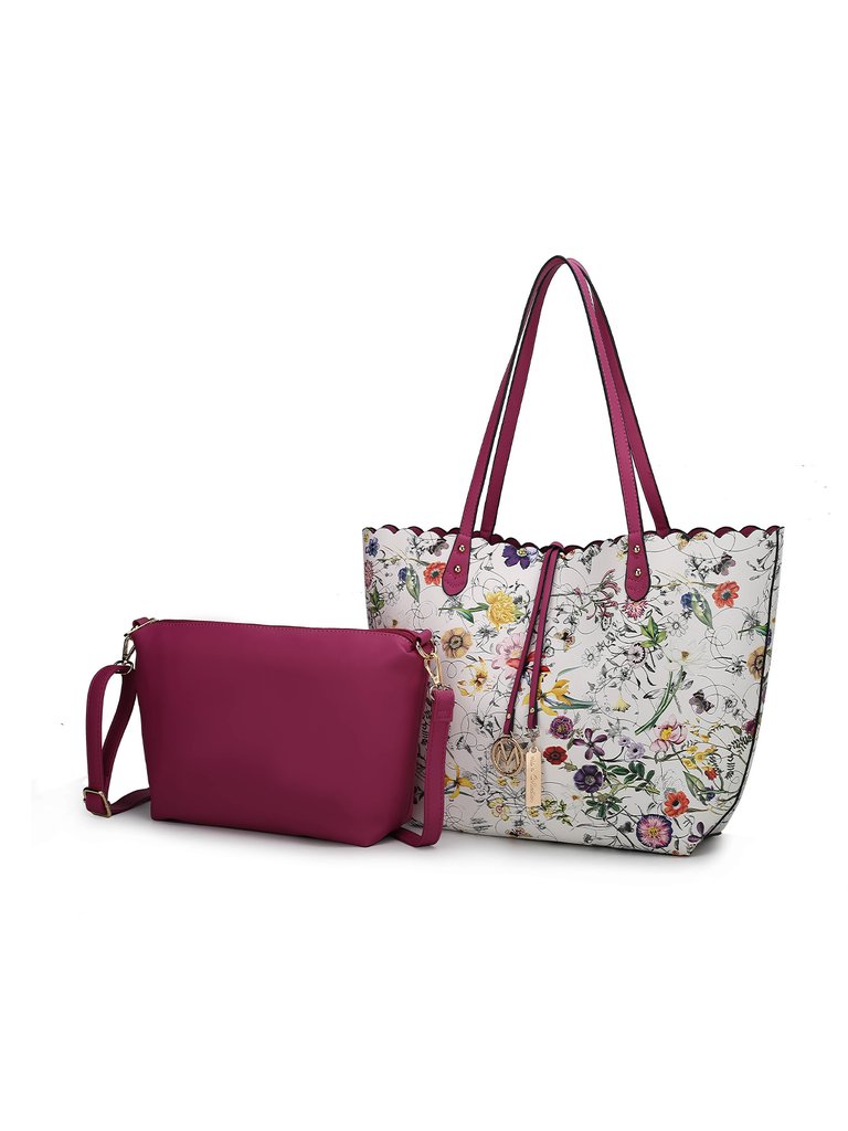 Danielle Reversible Shopper Tote Bag Crossbody Pouch – 2 Pieces - White-Fuchsia