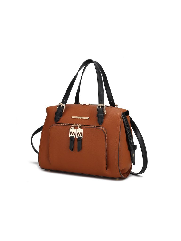 Elise Vegan Leather Color-block Women’s Satchel Handbag - Cognac-Black