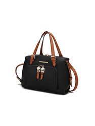 Elise Vegan Leather Color-block Women’s Satchel Handbag - Black-Cognac