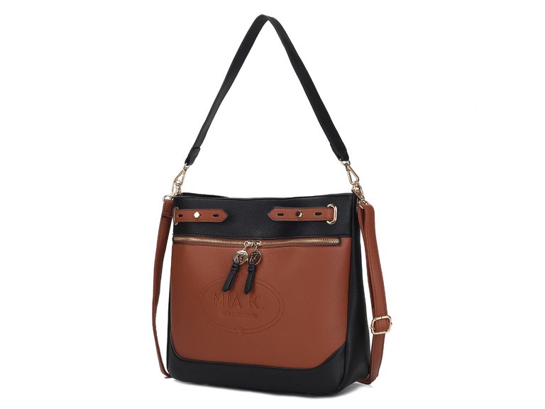 Evie Two-Tone Vegan Leather Women’s Shoulder Bag - Black-Cognac