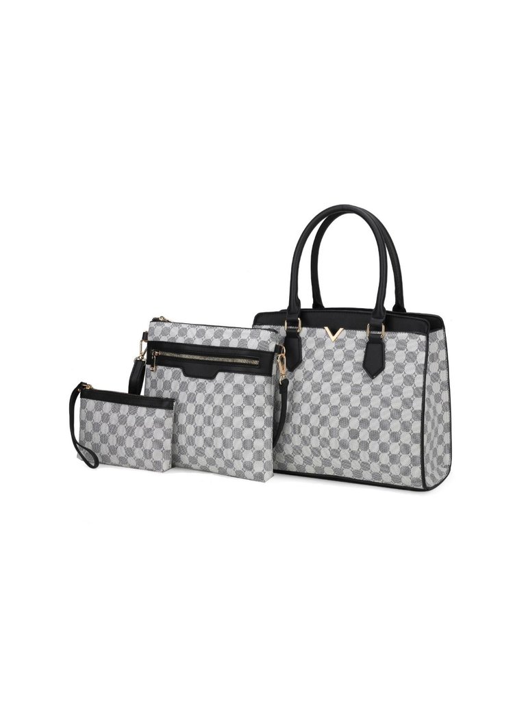 Finnley Vegan Leather Women’s 3 Pc Satchel Bag, Crossbody & Wristlet -3-piece set - Black/White