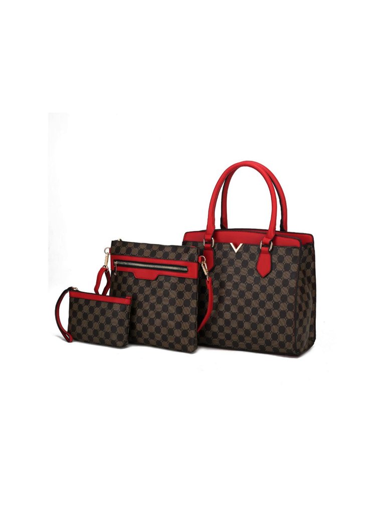 Finnley Vegan Leather Women’s 3 Pc Satchel Bag, Crossbody & Wristlet -3-piece set - Red/Coffee