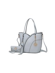 Imogene Two-Tone Whip Stitches Vegan Leather Women’s Shoulder Bag With Wallet- 2 Pieces - Light Blue