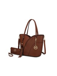Imogene Two-Tone Whip Stitches Vegan Leather Women’s Shoulder Bag With Wallet- 2 Pieces - Cognac