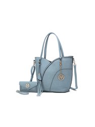 Imogene Two-Tone Whip Stitches Vegan Leather Women’s Shoulder Bag With Wallet- 2 Pieces - Denim
