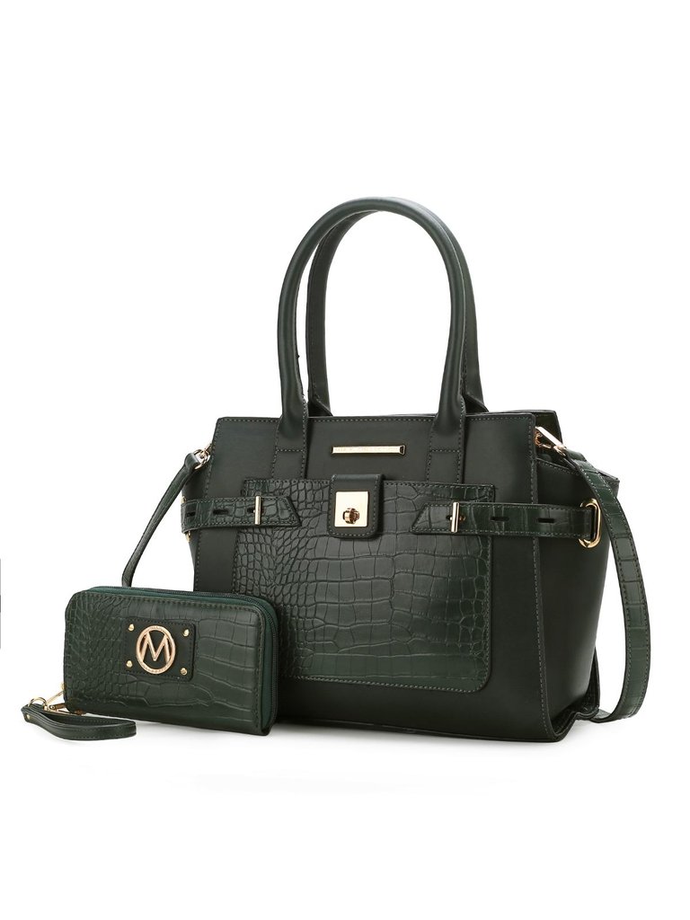 Isla Crocodile Embossed Vegan Leather Women’s Satchel Bag With Wallet -2 Pieces - Forest Green