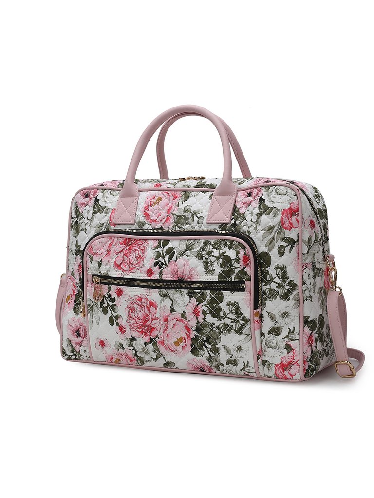 Jayla Quilted Cotton Botanical Pattern Women’s Duffle Bag - White