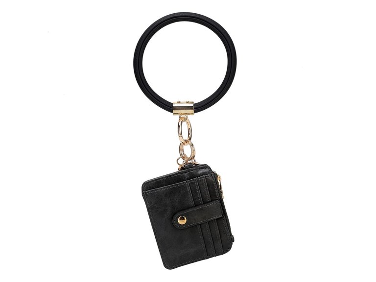 Jordyn Vegan Leather Bracelet Keychain With A Credit Card Holder - Black