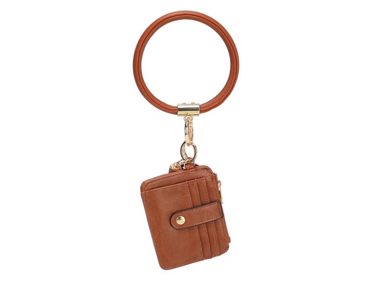 Jordyn Vegan Leather Bracelet Keychain With A Credit Card Holder - Cognac