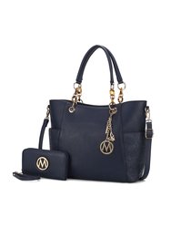 Merlina Embossed pockets Vegan Leather Women’s Tote Bag with Wallet - Navy