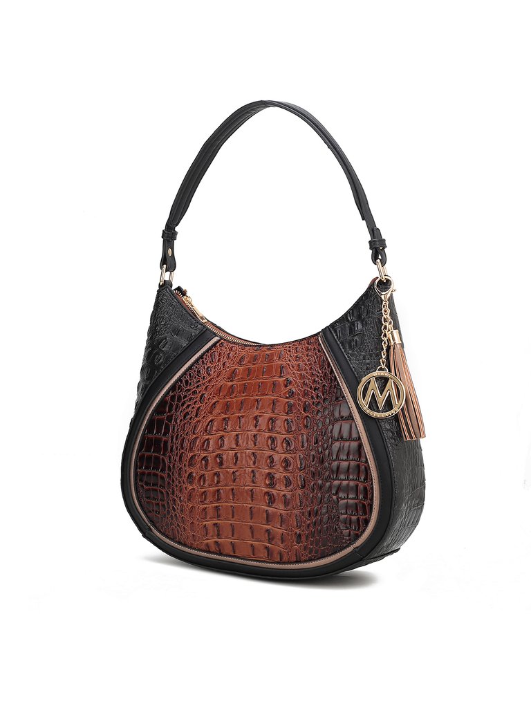 Naira Vegan Crocodile Leather Woman Hobo Shoulder Handbag By Mia K - Cognac-Black