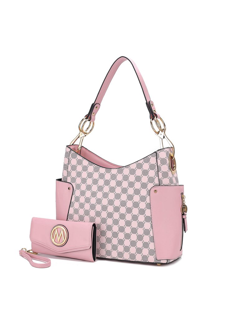 Penelope Circular Print Vegan Leather Women’s Shoulder Bag Witch matching Wallet - Pink