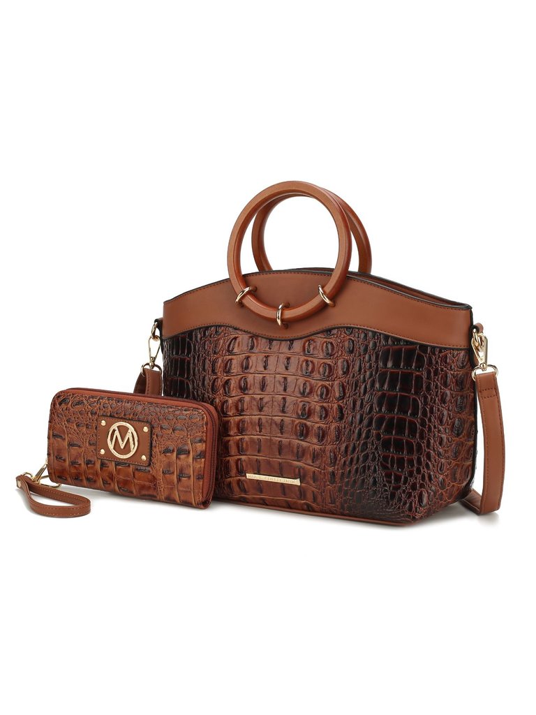 Phoebe Faux Crocodile-Embossed Vegan Leather Women’s Tote With Wristlet Wallet Bag - Cognac