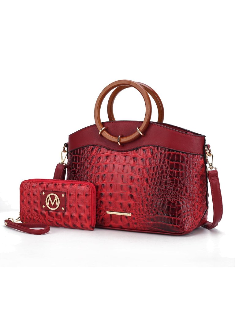 Phoebe Faux Crocodile-Embossed Vegan Leather Women’s Tote With Wristlet Wallet Bag - Red