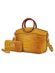 Phoebe Faux Crocodile-Embossed Vegan Leather Women’s Tote With Wristlet Wallet Bag - Yellow