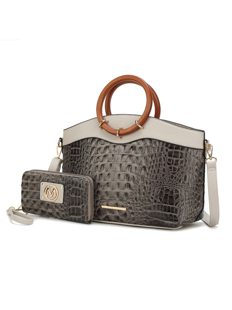 Phoebe Faux Crocodile-Embossed Vegan Leather Women’s Tote With Wristlet Wallet Bag - Charcoal