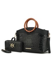 Phoebe Faux Crocodile-Embossed Vegan Leather Women’s Tote With Wristlet Wallet Bag - Black