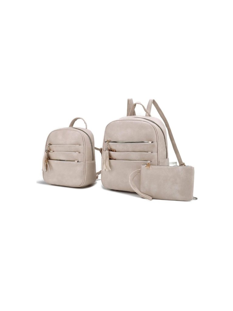 Roxane Vegan Leather Women’s Backpack With Mini Backpack And Wristlet Pouch- 3 Pieces - Beige