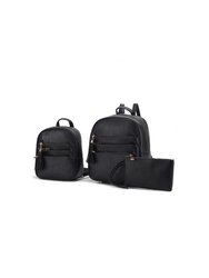 Roxane Vegan Leather Women’s Backpack With Mini Backpack And Wristlet Pouch- 3 Pieces - Black