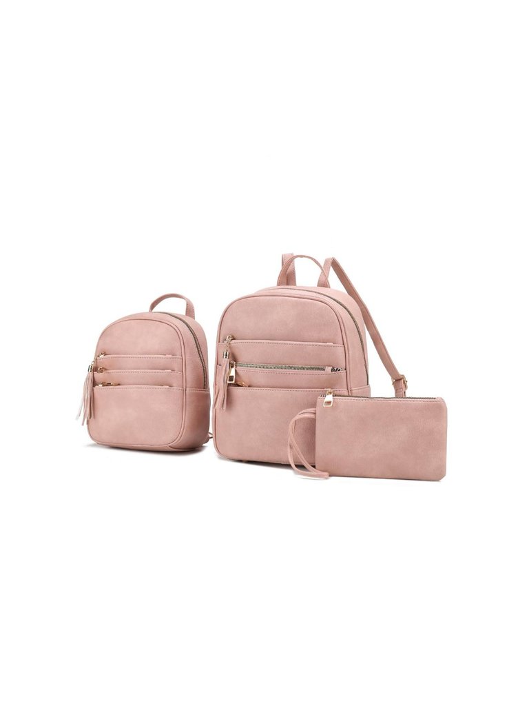Roxane Vegan Leather Women’s Backpack With Mini Backpack And Wristlet Pouch- 3 Pieces - Blush