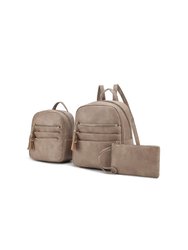 Roxane Vegan Leather Women’s Backpack With Mini Backpack And Wristlet Pouch- 3 Pieces - Stone