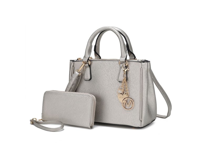 Ruth Vegan Leather Women’s Satchel Bag With Wallet – 2 Pieces - Silver