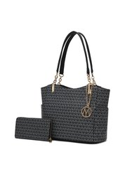 Savannah M Logo Printed Women’s Tote And Wristlet Wallet - Black