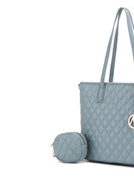Tansy Quilted Vegan Leather Women’s Tote Bag With Pouch– 2 Pieces - Blue