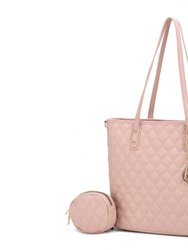 Tansy Quilted Vegan Leather Women’s Tote Bag With Pouch– 2 Pieces - Pink